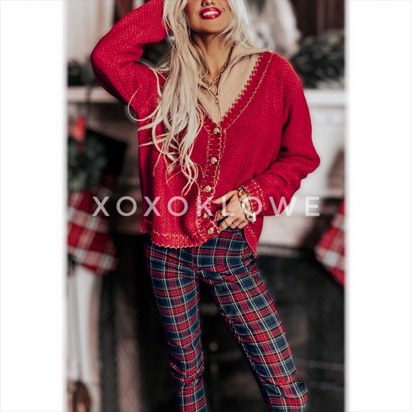 POL Red Button Front Cardigan with Sparkly Gold Trim - Picture 7 of 16